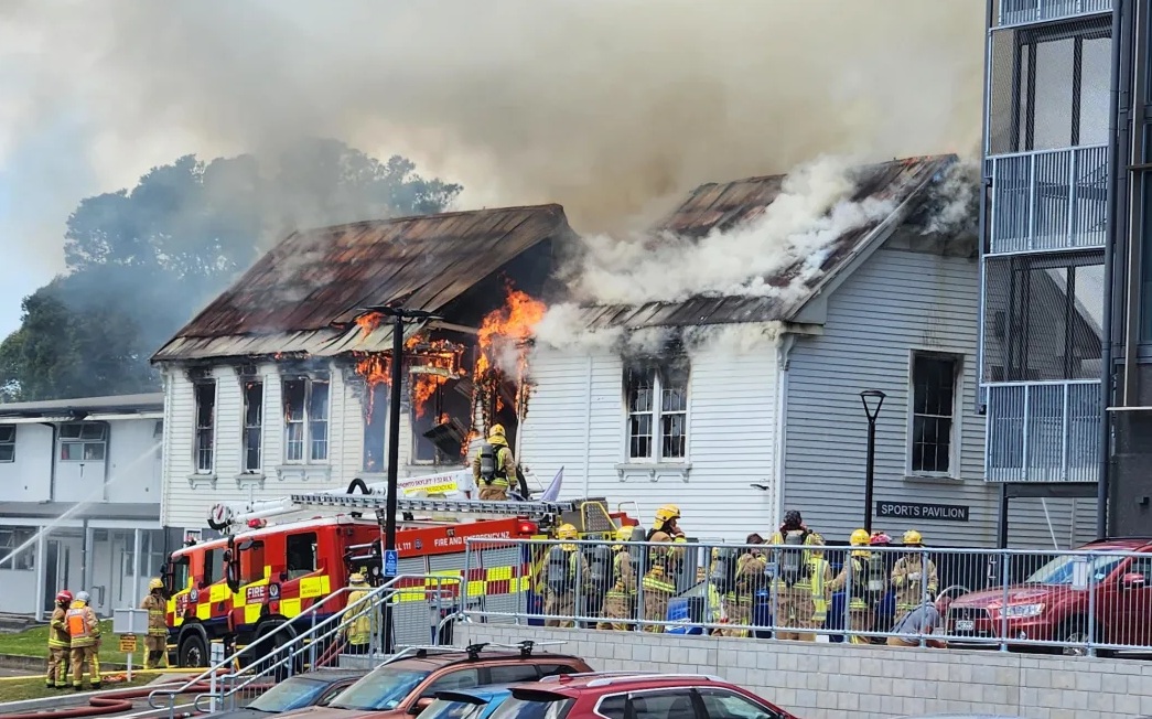 Firefighters battle the blaze at Northcote College on Auckland's North Shore. Photo: Finn...