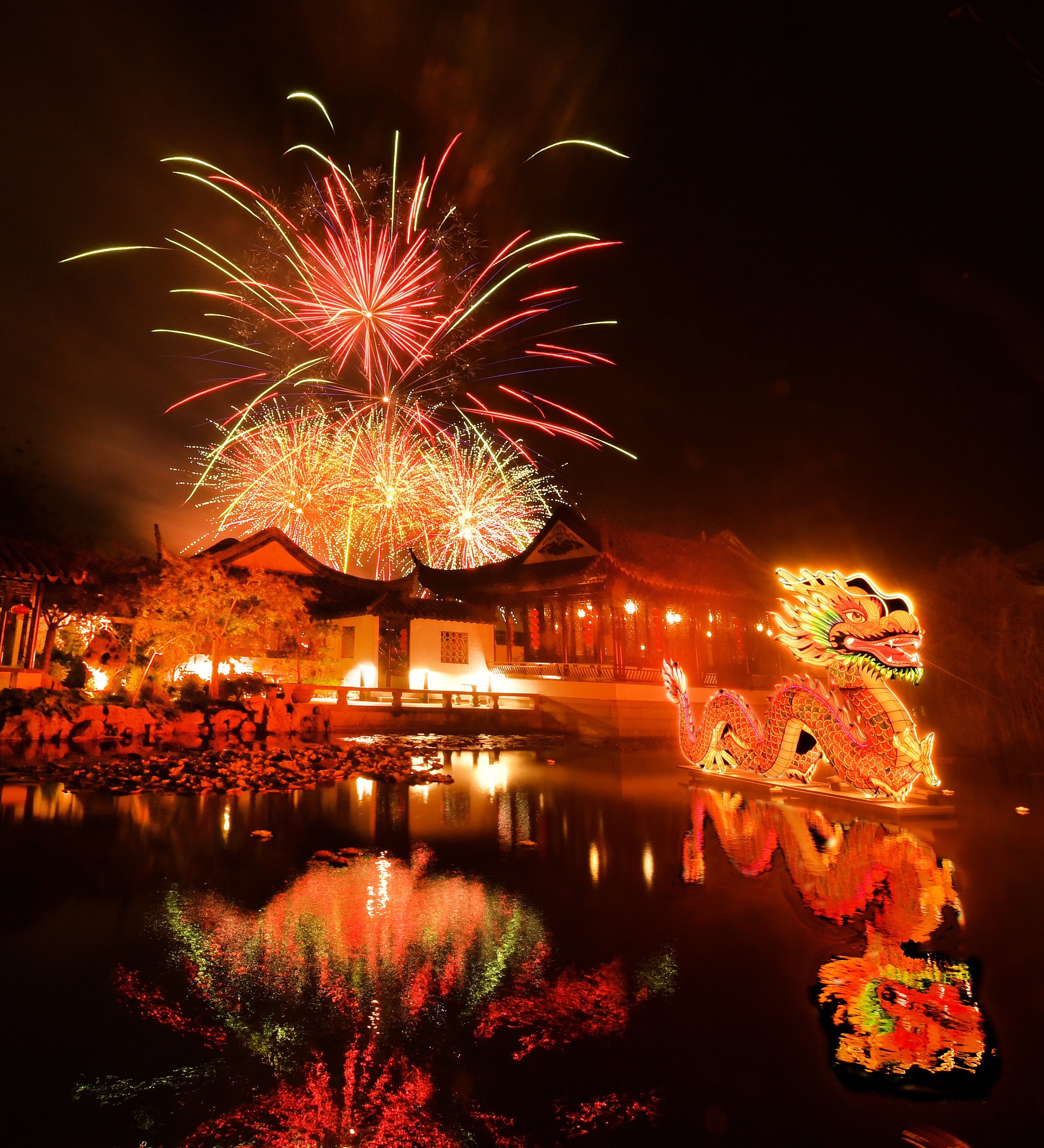 A dragon lantern floats in the pond as the fireworks burst overhead at Dunedin’s Lan Yuan Chinese...