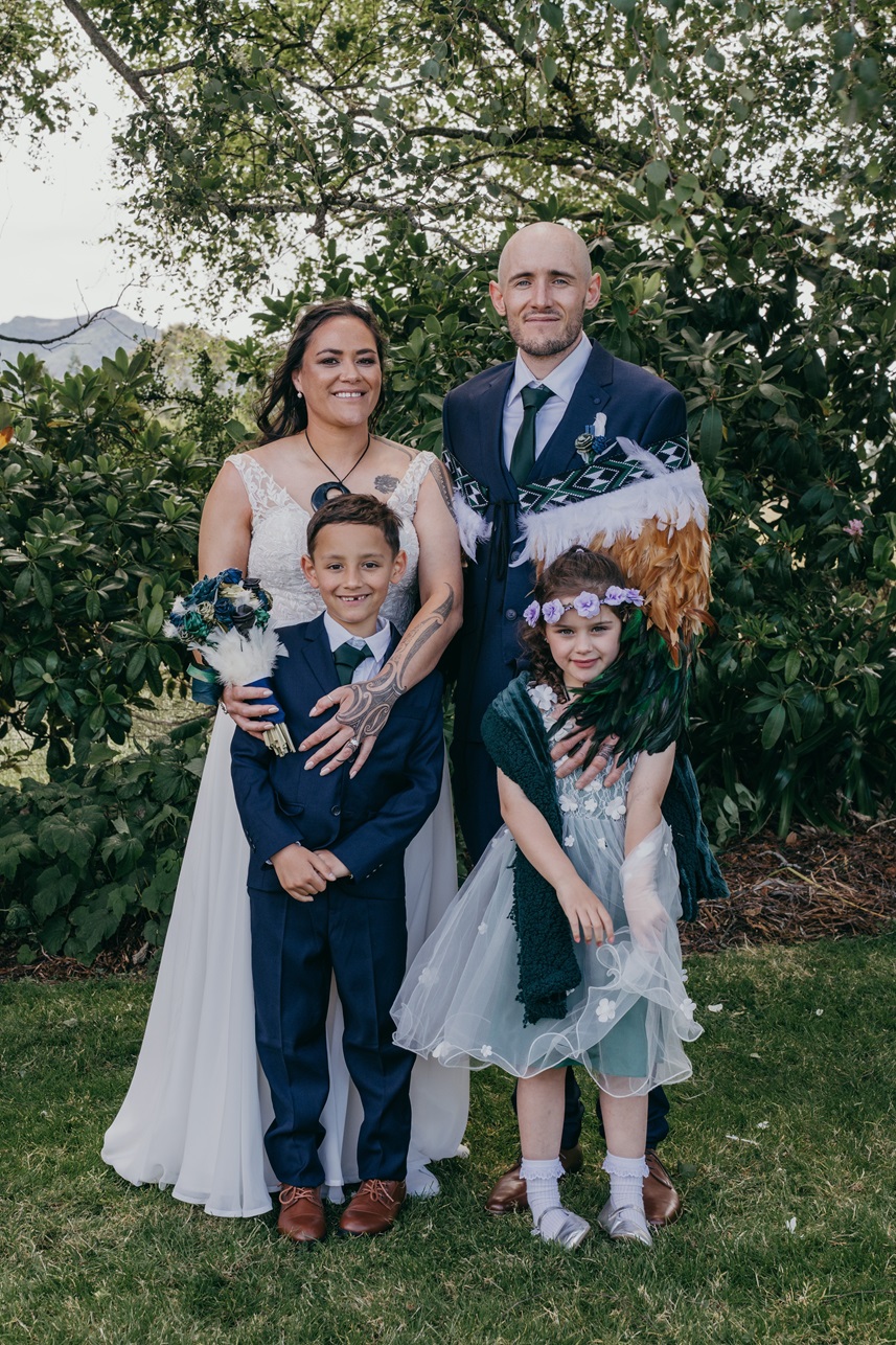 Mr and Mrs Murray on their wedding day with their children (from left) Eruera Murray, 7 and Te...