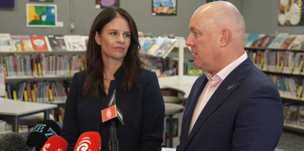 Education Minister Erica Stanford with Prime Minister Christopher Luxon made the announcement at...