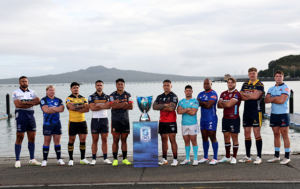 Players from the 10 teams competing in the 2026 Super Rugby Pacific competition at the launch in...