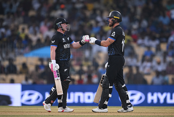 Black Caps Finn Allen (right) and Tim Seifert during New Zealand’s T20 Cricket World Cup group...