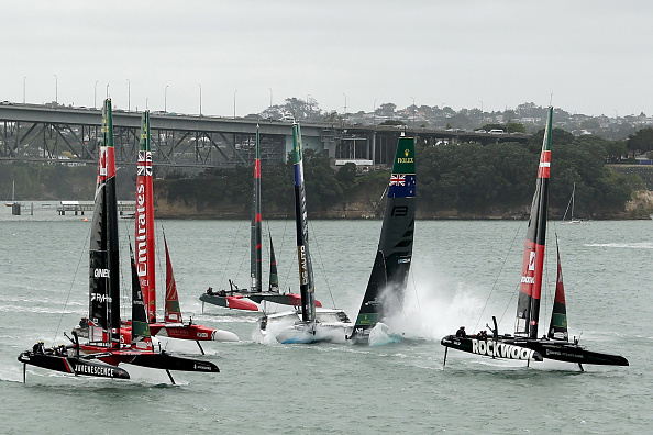 A collision between Black Foils driven by Peter Burling and Blair Tuke and DS Team France, driven...