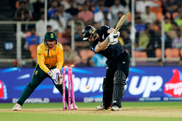 New Zealand's Glenn Phillips is bowled out against South Africa at Ahmedabad. Photo: Getty Images 