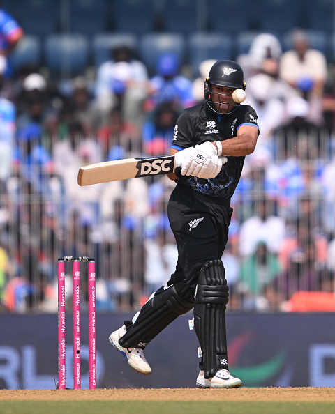 New Zealand’s Rachin Ravindra plays a shot during his team’s T20 World Cup group stage match...