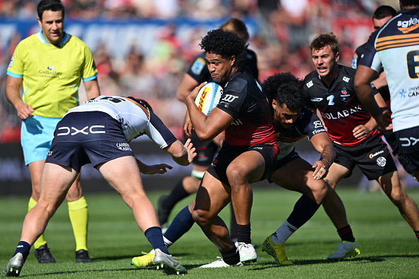 Leicester Fainga’anuku of the Crusaders charges forward during the Super Rugby Pacific match...