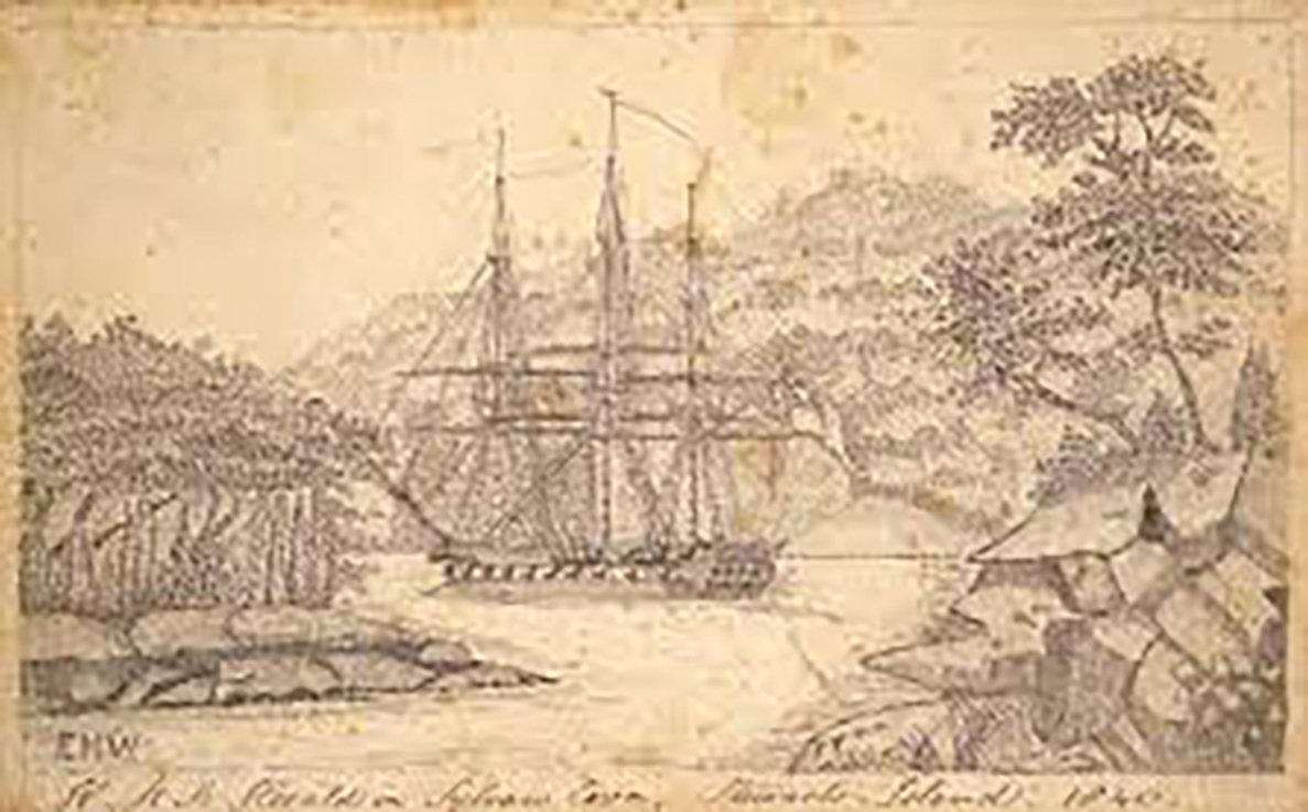 HMS Herald, anchored at Sylvan Cove, Port Pegasus on Stewart Island on June 4, 1840.