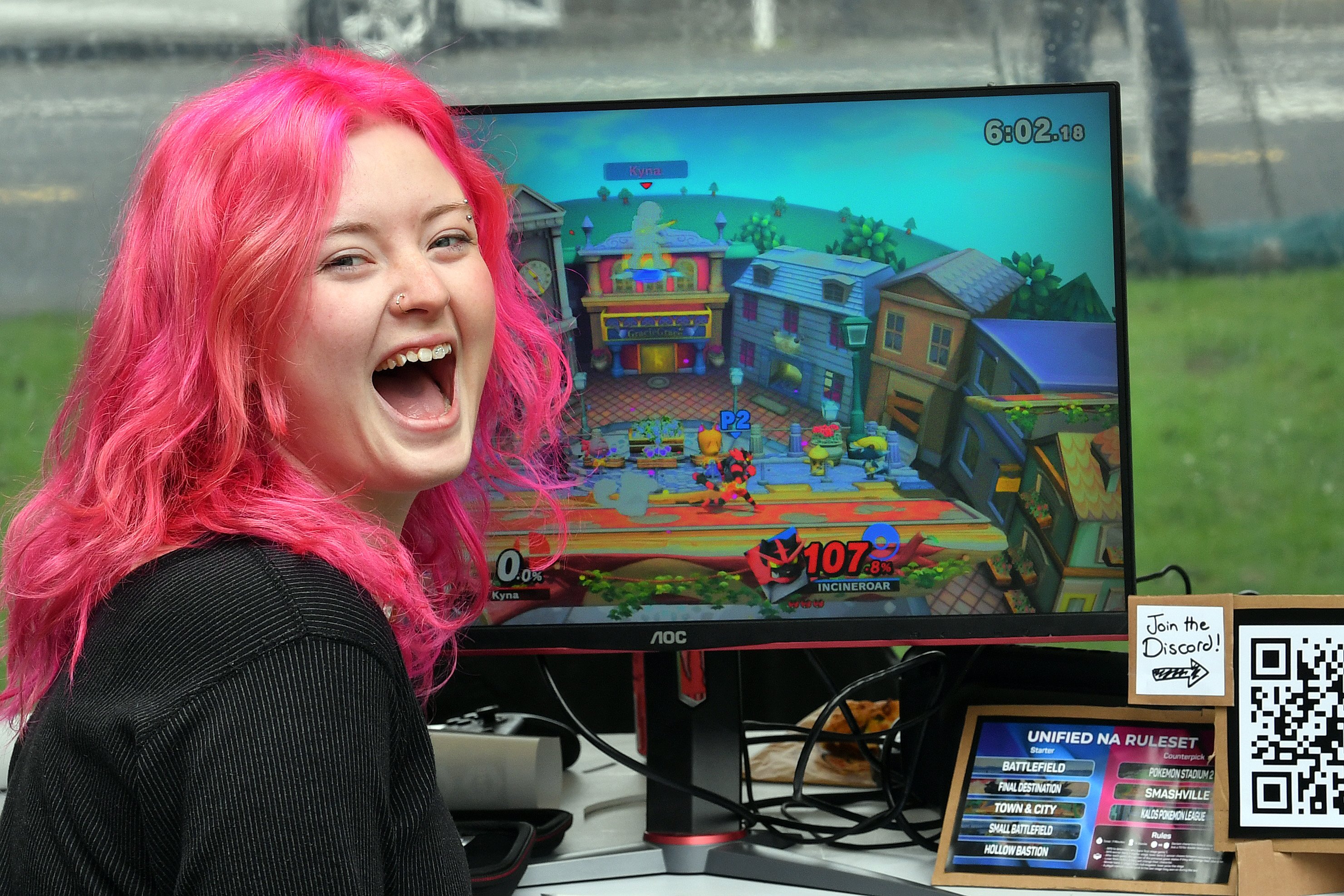 Otago Fighting Games Club co-founder Kyna Kelly celebrates another video game ‘‘kill’’ during the...