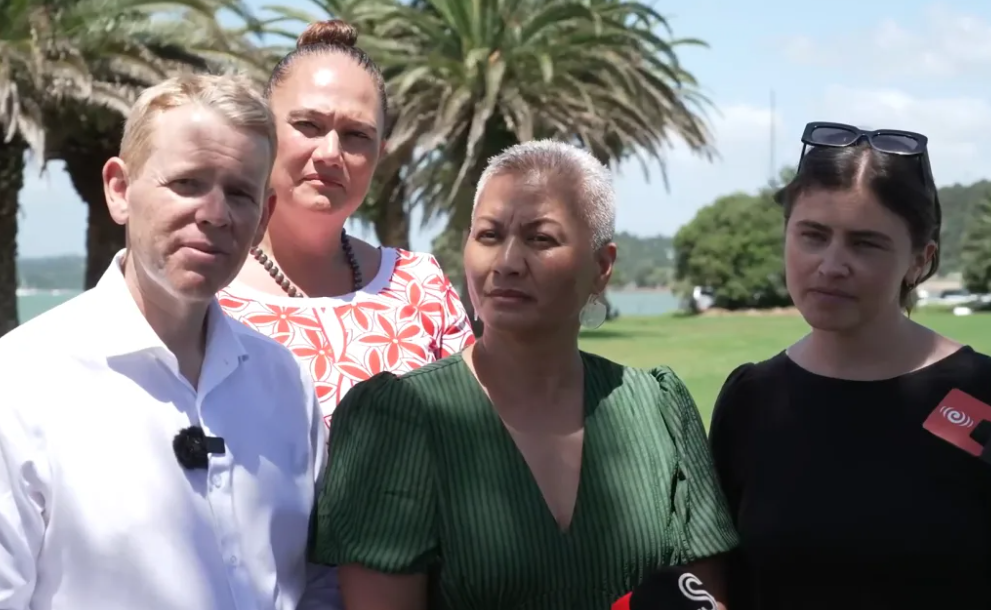 From left: Labour leader Chris Hipkins and Carmel Sepuloni with Green Party co-leaders Marama...