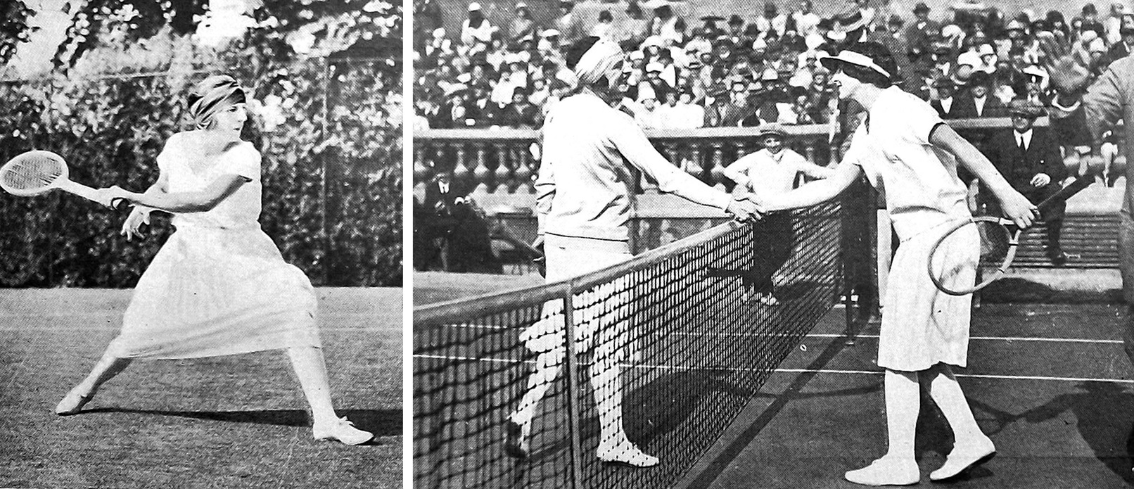 Suzanne Lenglen ready to drive (left) and shaking hands with Helen Wills after defeating her 6-3,...