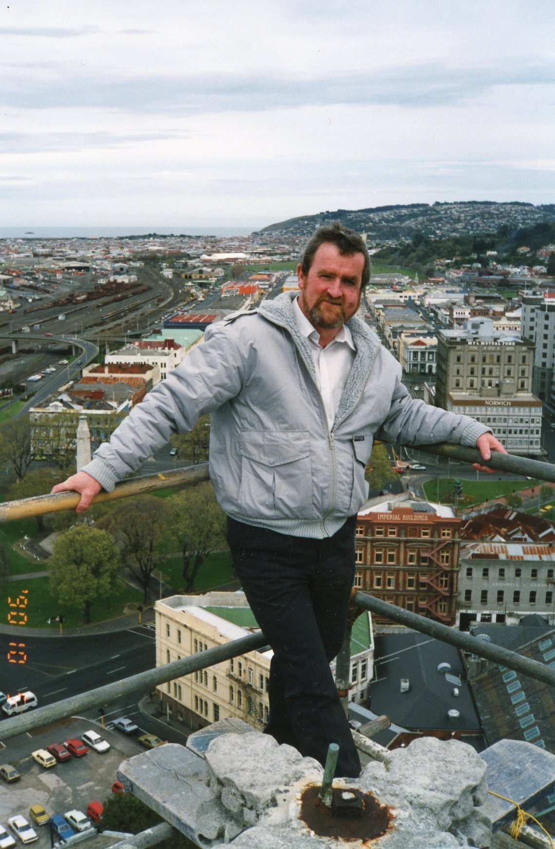 Stew MacLeod relaxes on scaffolding surrounding the spire of Dunedin’s First Church during...
