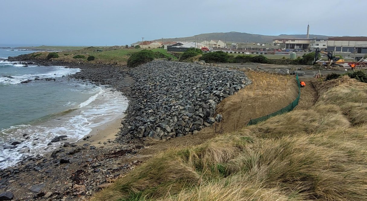 Ocean Beach, located about 2km from Bluff, has a new rock seawall. PHOTO: DOC / SUPPLIED
