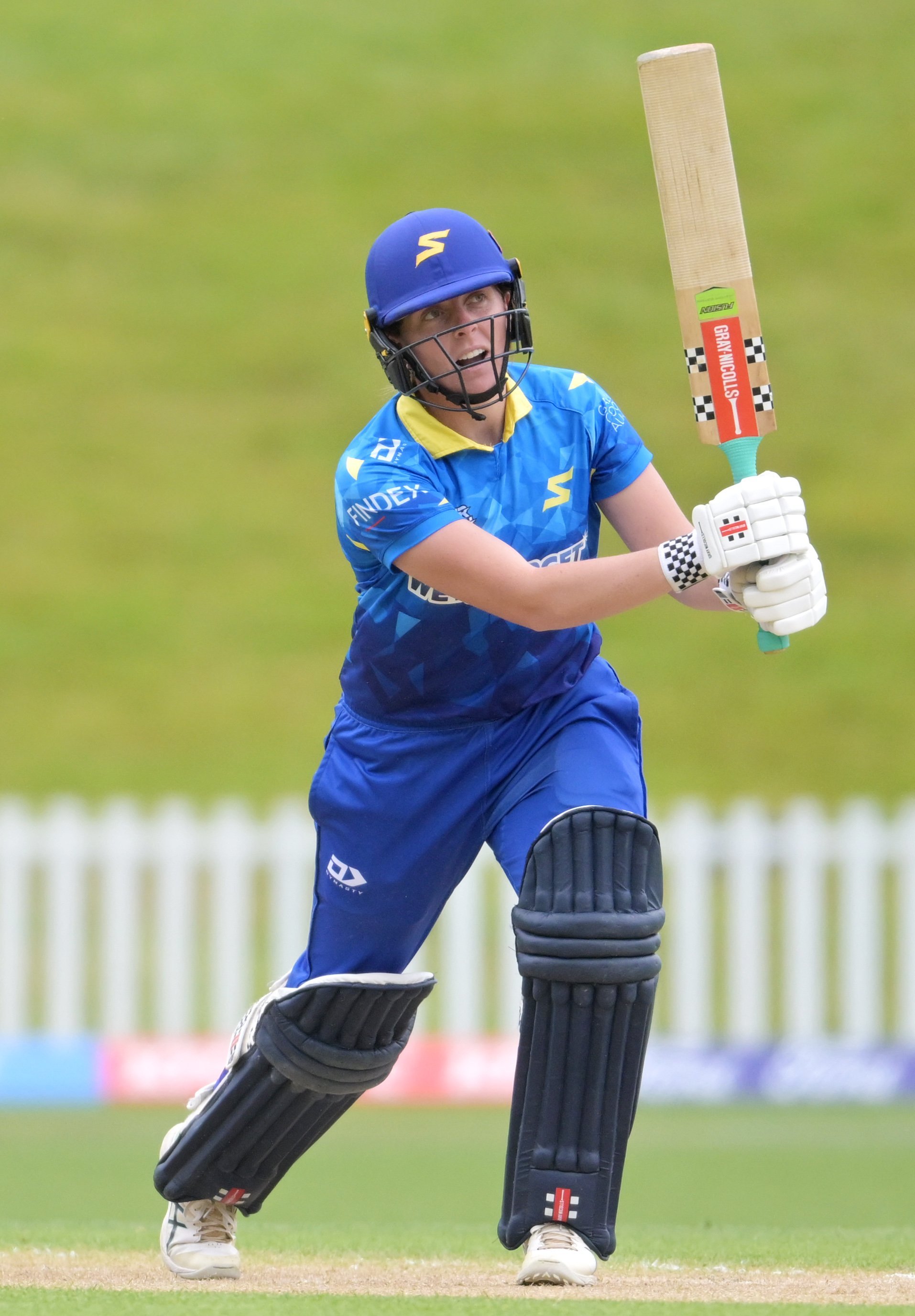 Otago Sparks batter Bella James clubs the ball during a Super Smash match against Wellington in...