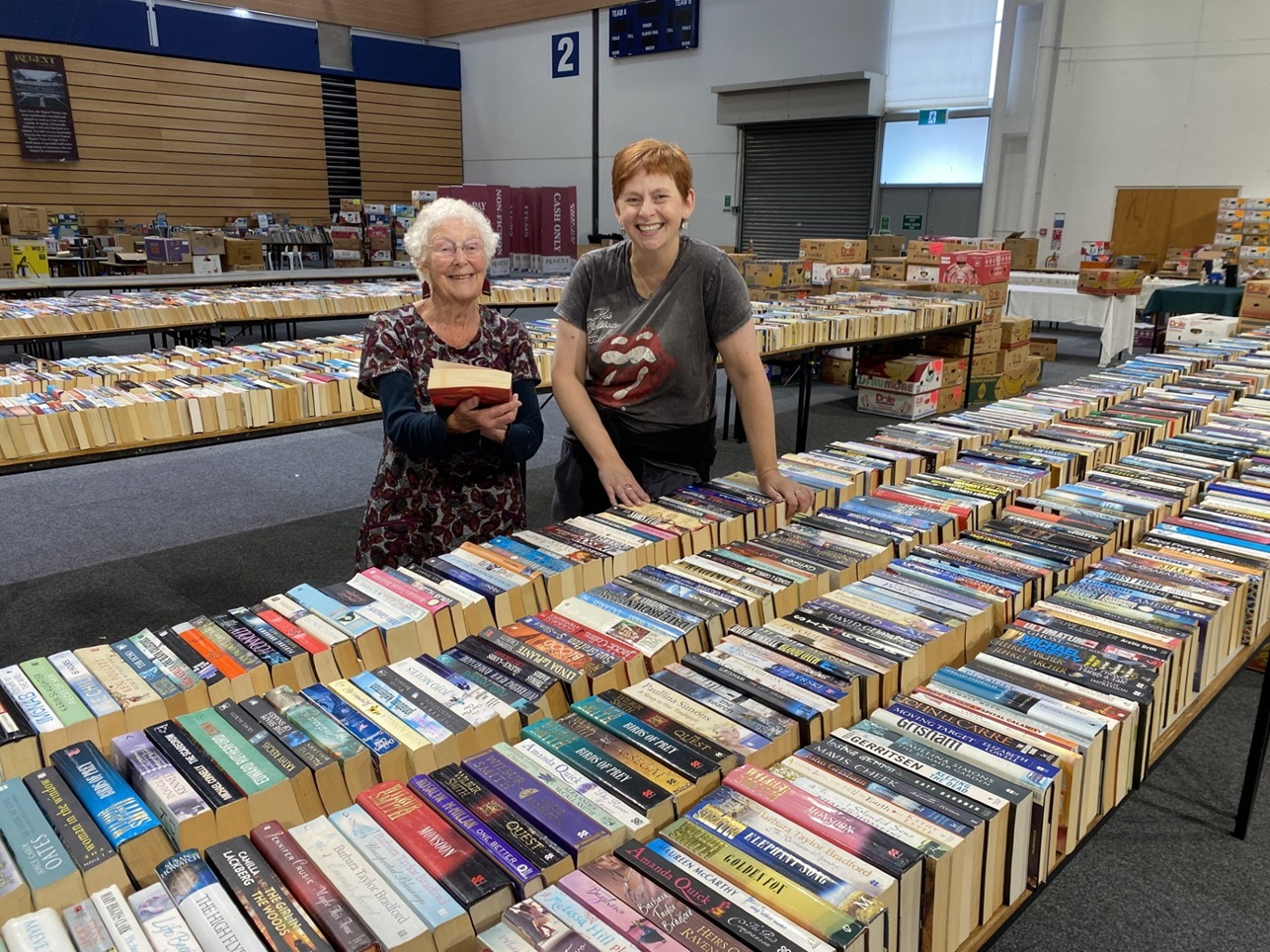 Regent 24 Hour Book Sale volunteers Margaret Lindsay (left) and Jill Bowie, helping with setup on...