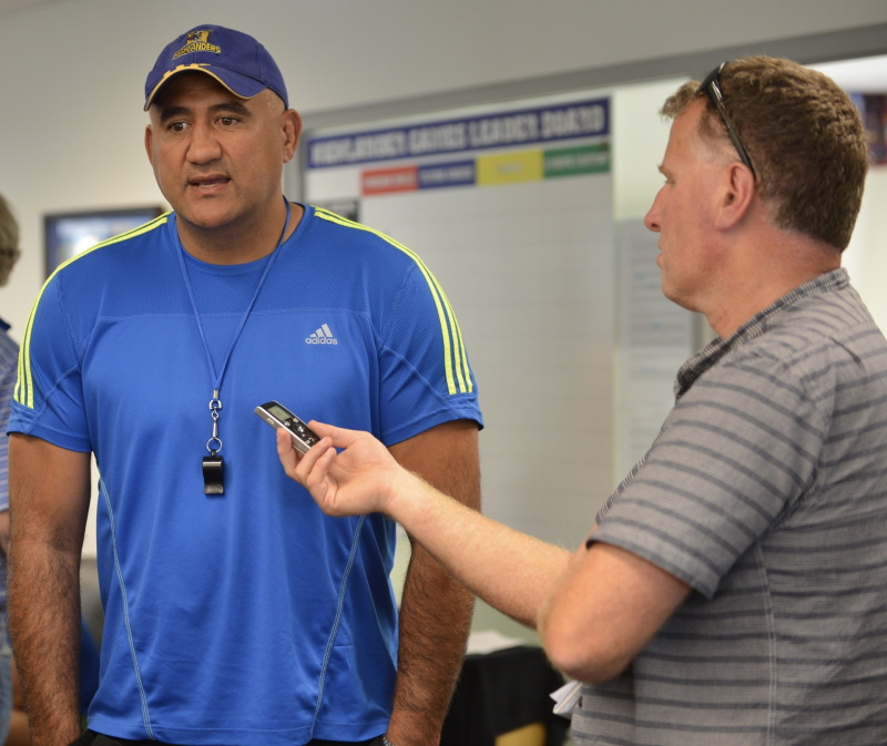 Steve Hepburn interviews Highlanders coach Jamie Joseph. PHOTO: PETER MCINTOSH