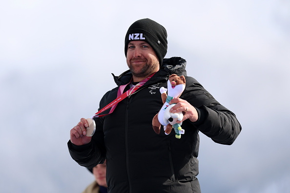 Dunedin Paralympian Adam Hall with his slalom silver medal at the Milano Cortina Winter...