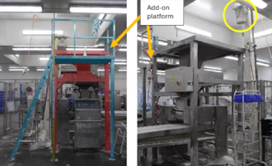 The stocking hopper, in red, and add-on platform, in blue, where the incident occurred. The...