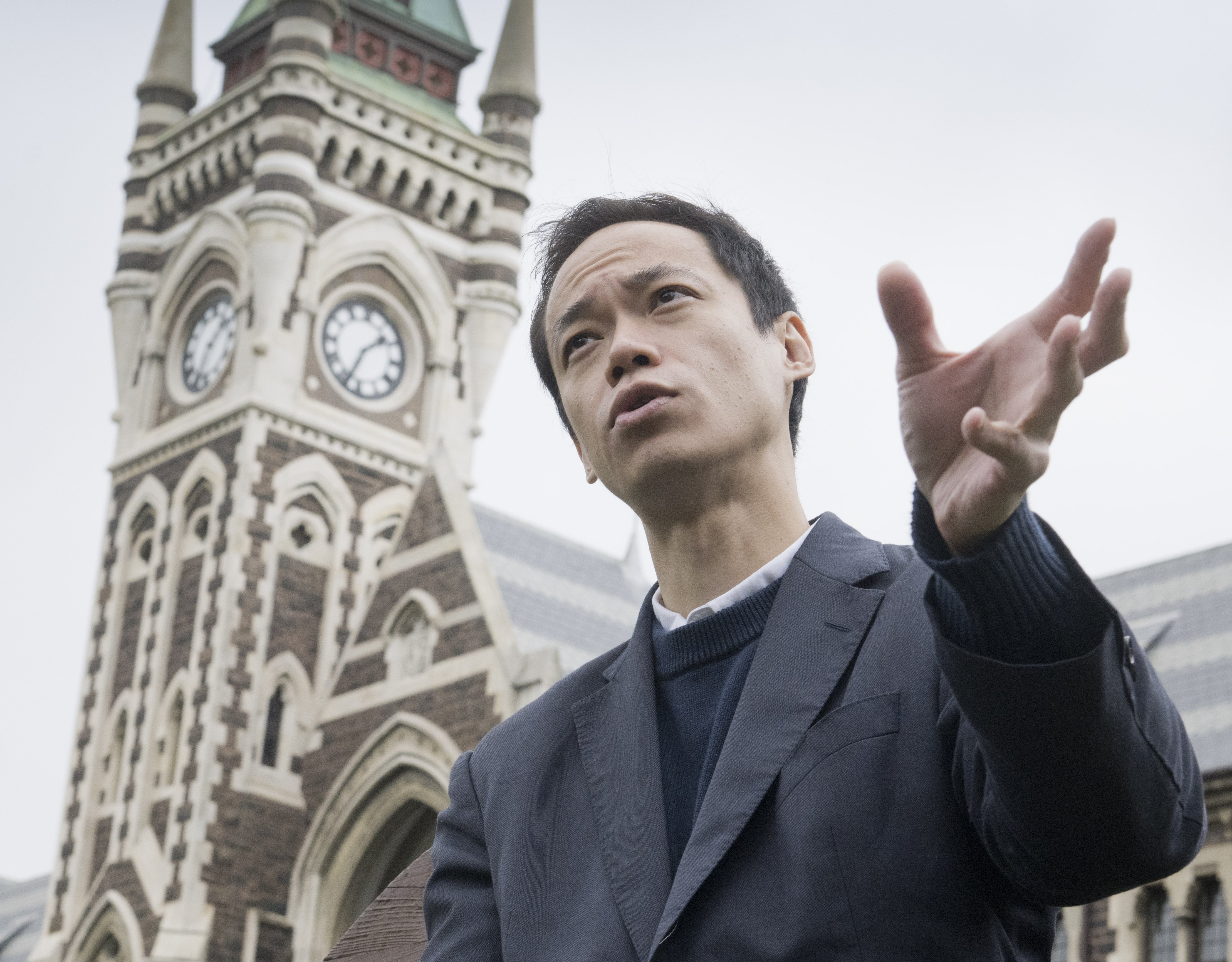 Dunedin City councillor Benedict Ong talks in front of Otago University’s clock tower. PHOTO:...