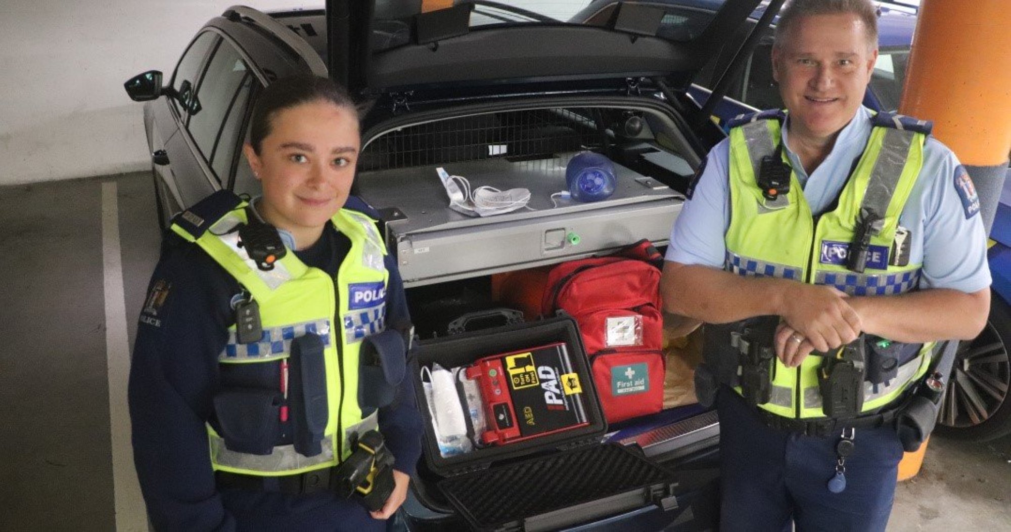 Constable Peyton Fields and road policing Senior Constable Andy Camp, both of Dunedin, with the...