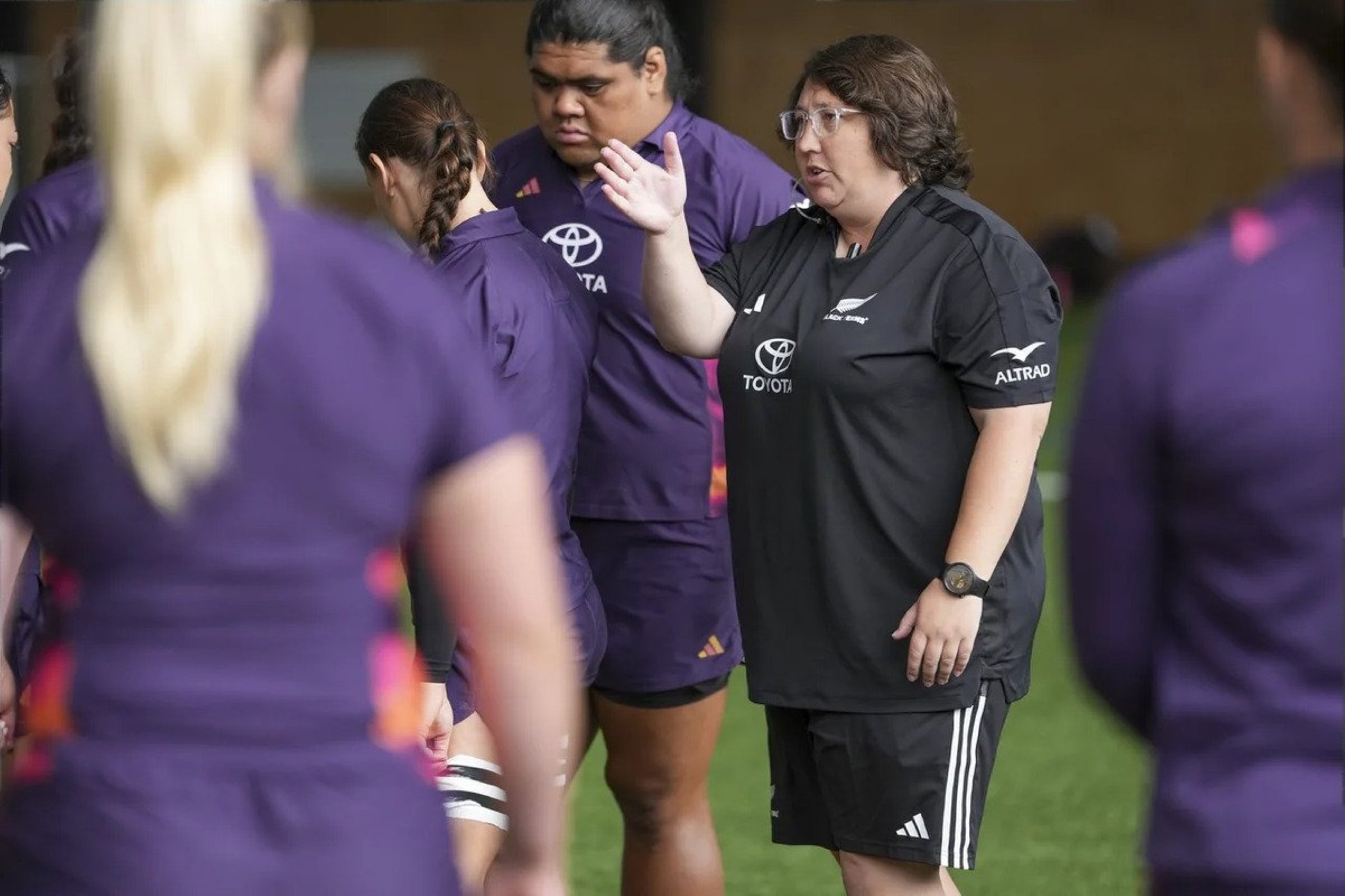 Black Ferns head coach Whitney Hansen talks to her players during a training. PHOTO: NEW ZEALAND...