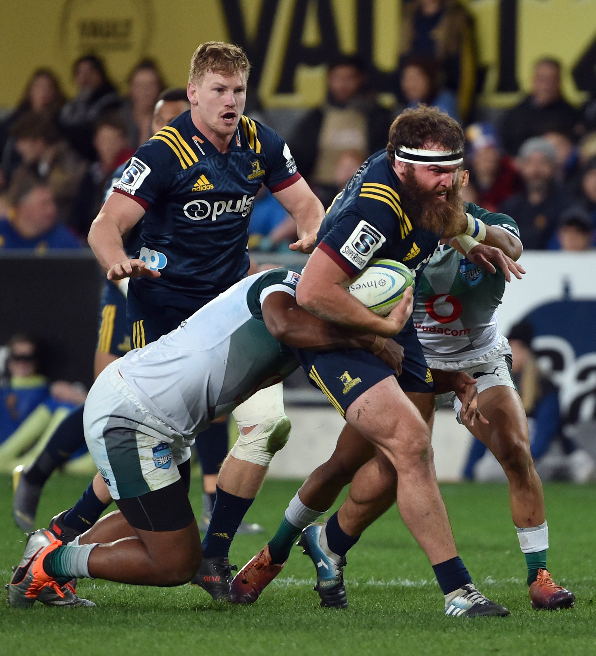 Liam Coltman takes on the Bulls at Forsyth Barr Stadium in 2019. PHOTO: PETER MCINTOSH