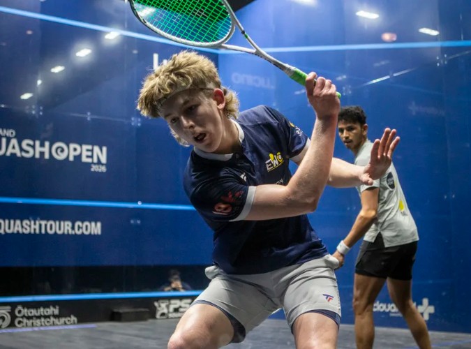 Ollie Dunbar in action against Velavan Senthilkumar at the New Zealand Squash Open. Photo:...