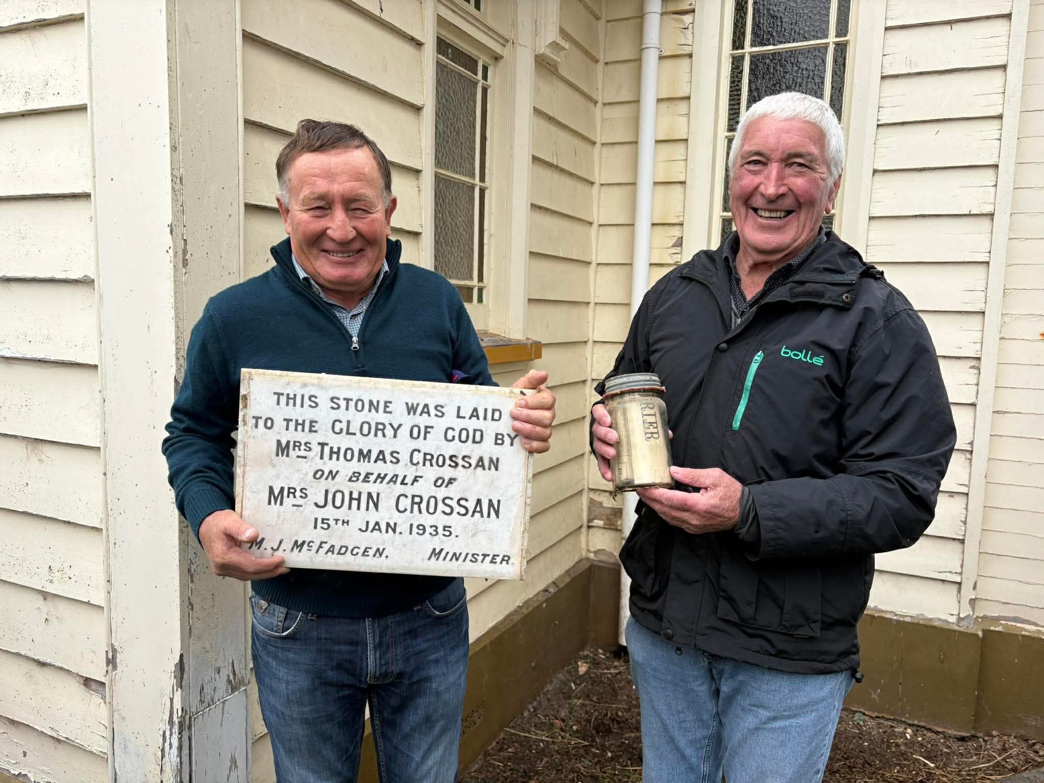 Glenkenich Church community representative Lindsay Alderton (left) and church builder descendant...