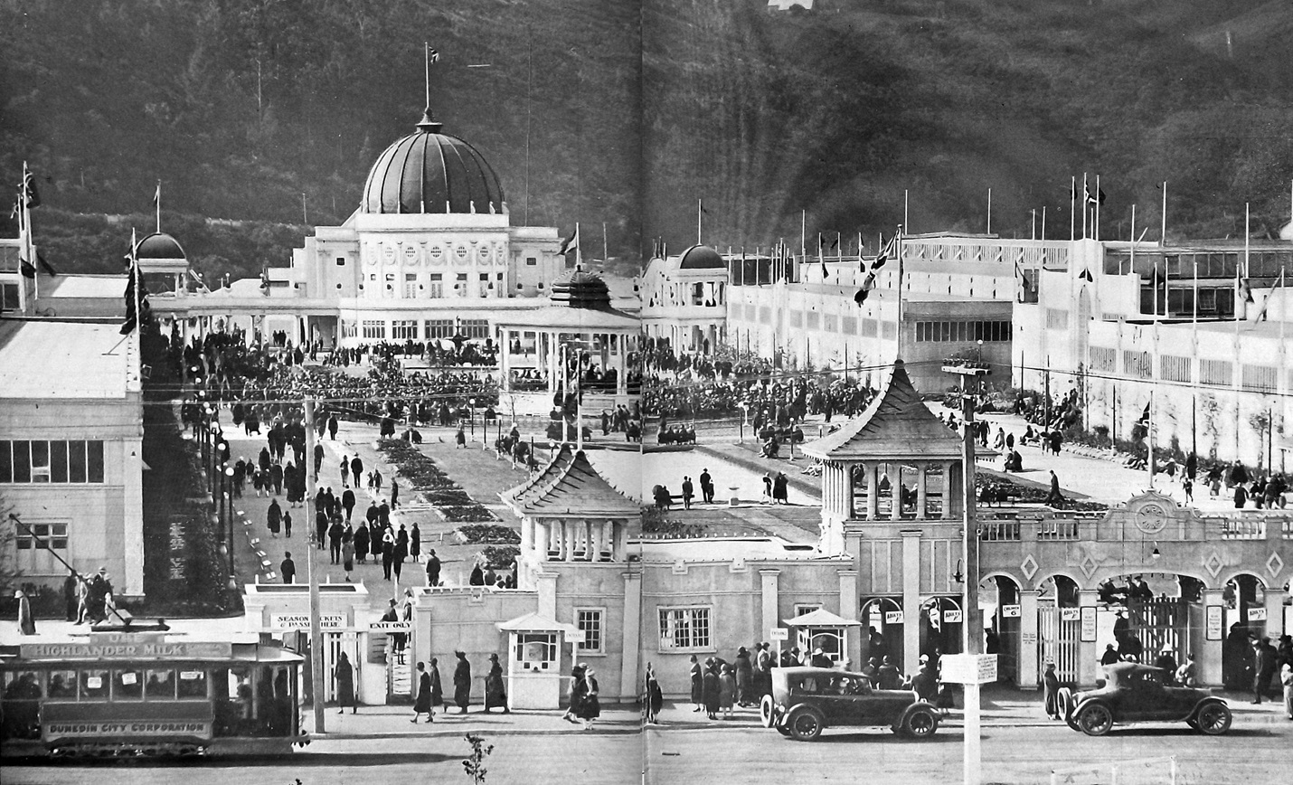 An elevated front view of the New Zealand and South Seas Exhibition at Logan Park, Dunedin. —...