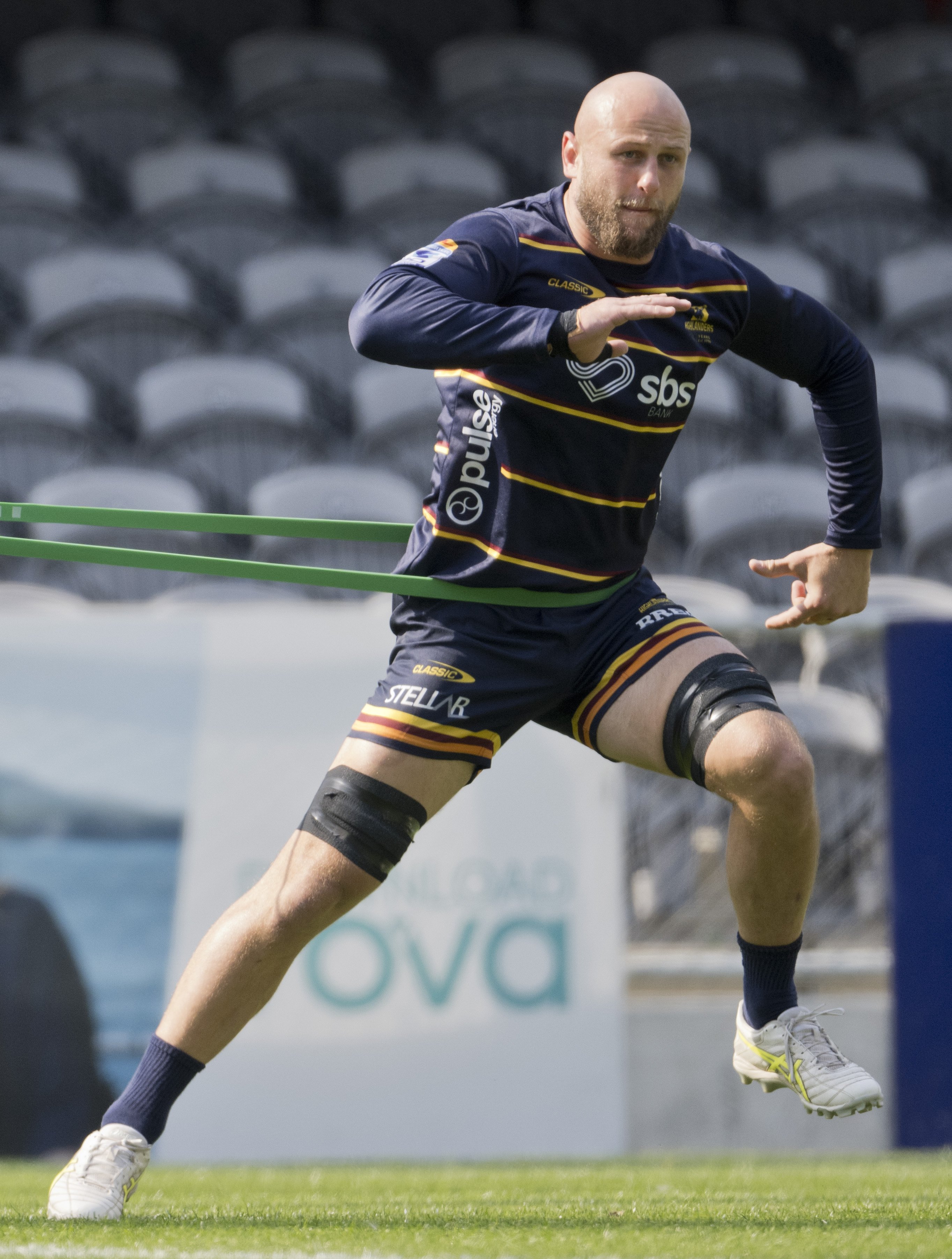 Hugh Renton joins the Highlanders for their captain’s run at Forsyth Barr Stadium yesterday....