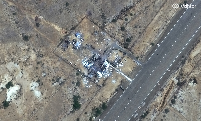 A satellite view shows the destroyed base after U.S. and Israeli strikes, at Konarak, Iran. Photo...