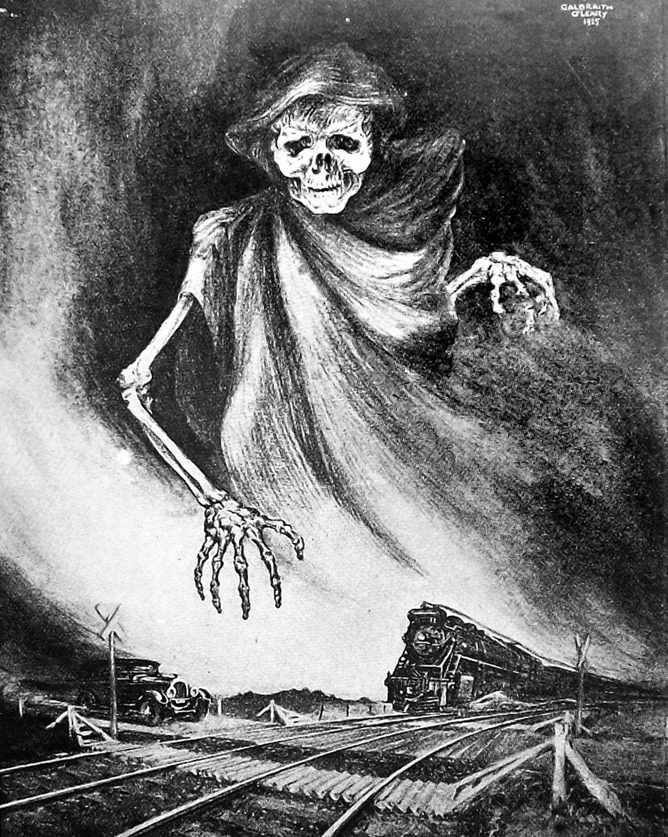 Railway level crossing safety: a Canadian railway poster depicts the Grim Reaper. — Otago Witness...