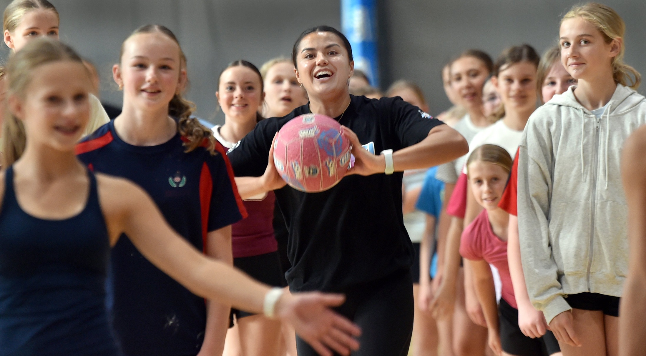 Southern Steel captain Kimiora Poi takes the lead during the team’s "road show" clinic in Dunedin...