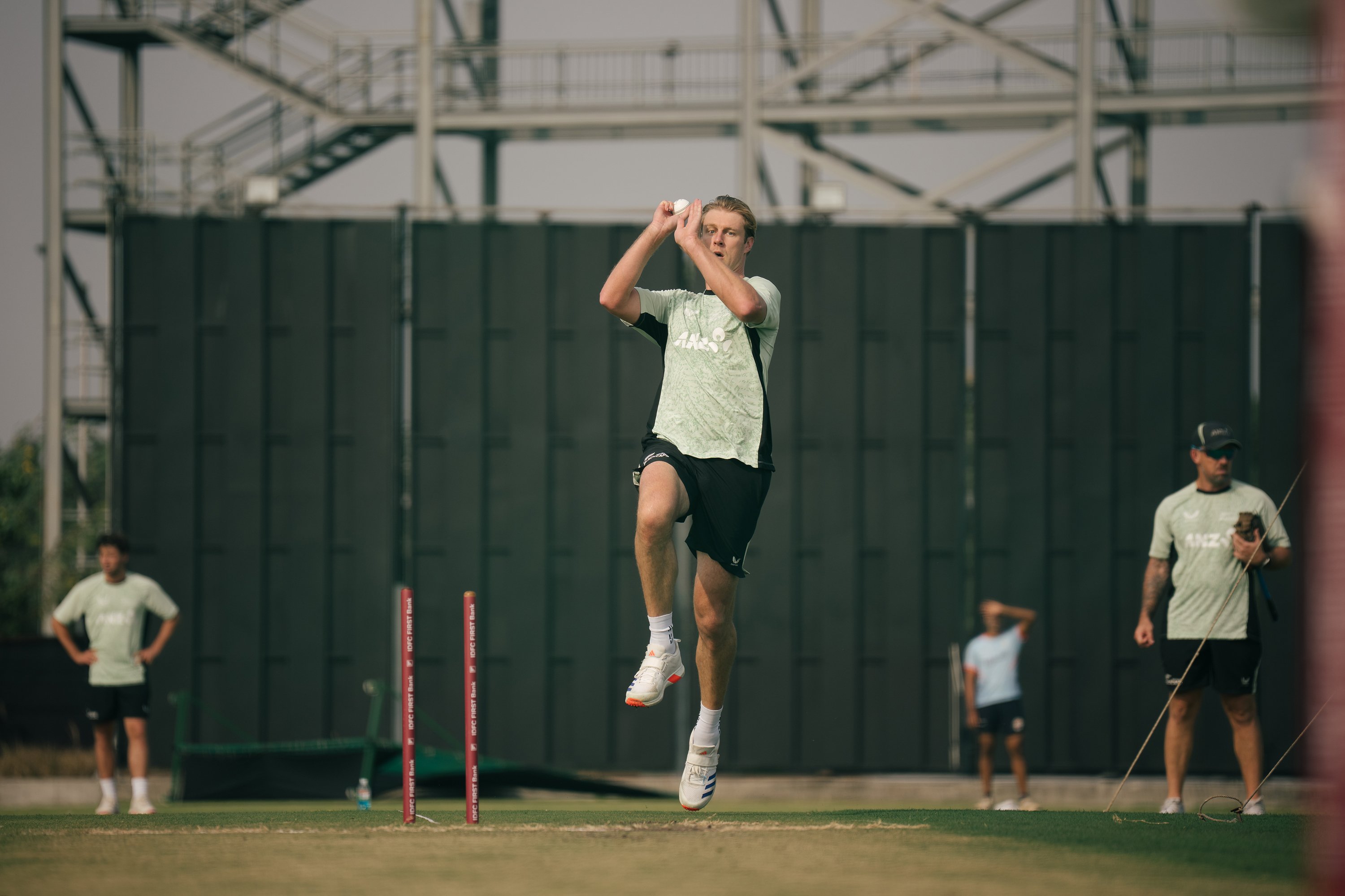 Black Caps seamer Kyle Jamieson bowls in the nets during a training session in India earlier this...