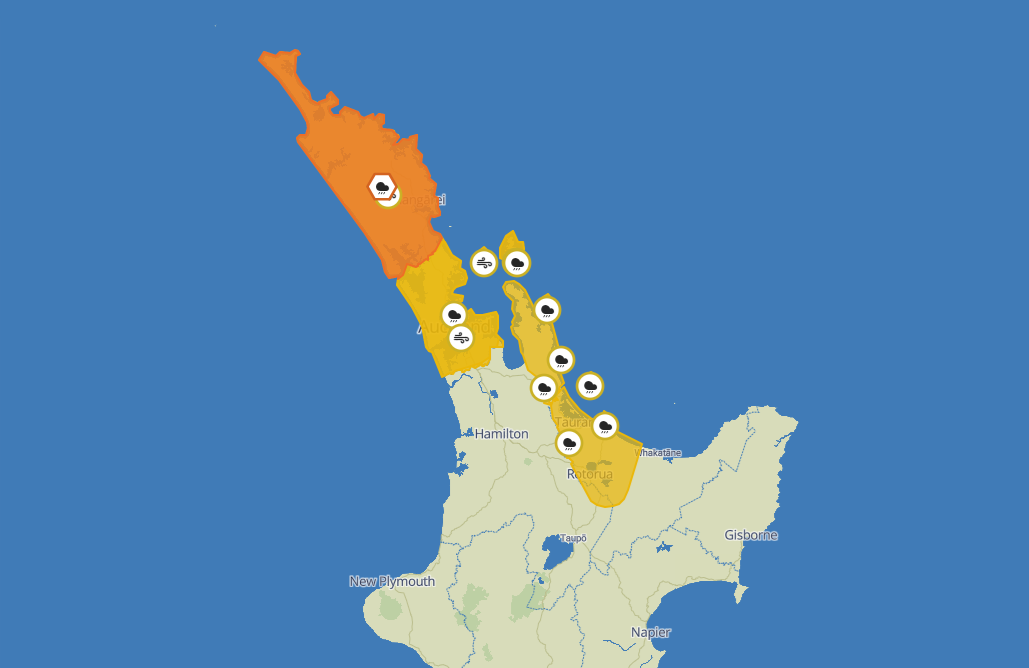 An orange heavy rain warning is in place for Northland. Photo: MetService/Screenshot