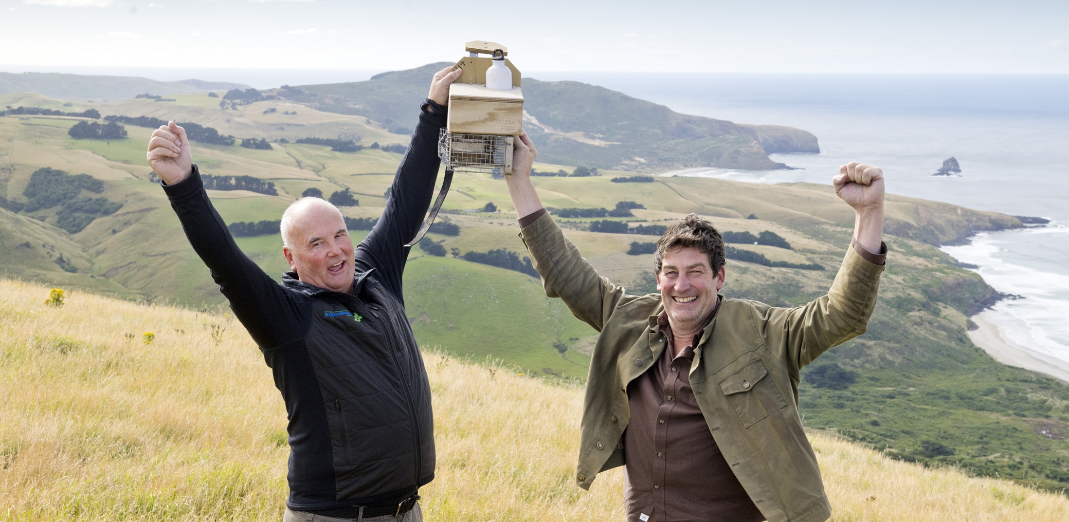 Otago Peninsula Biodiversity Group chairman Hoani Langsbury (left) and Predator Free Dunedin...