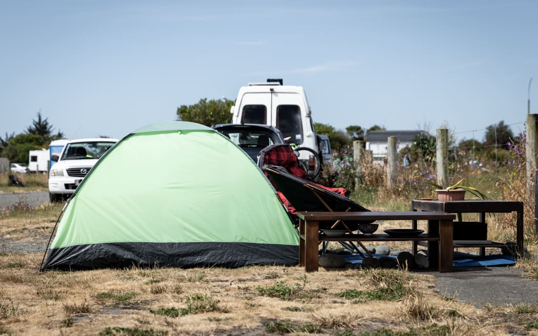 Tents now line the old Pacific Park subdivision. Photo: RNZ / Nate McKinnon