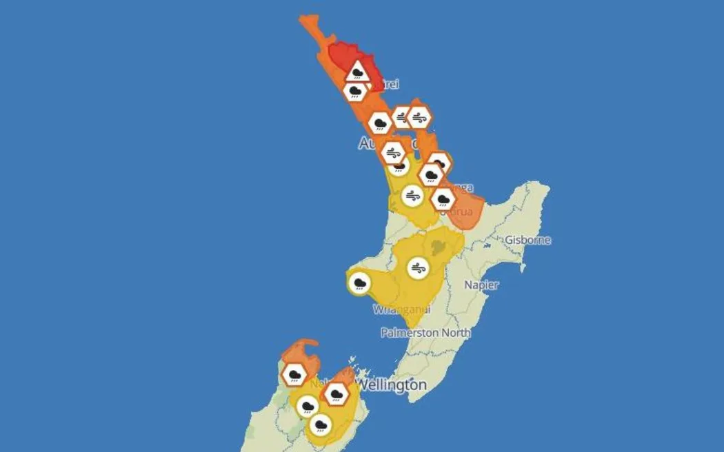 There are a number of red and orange level weather warnings out for the top of the North Island...