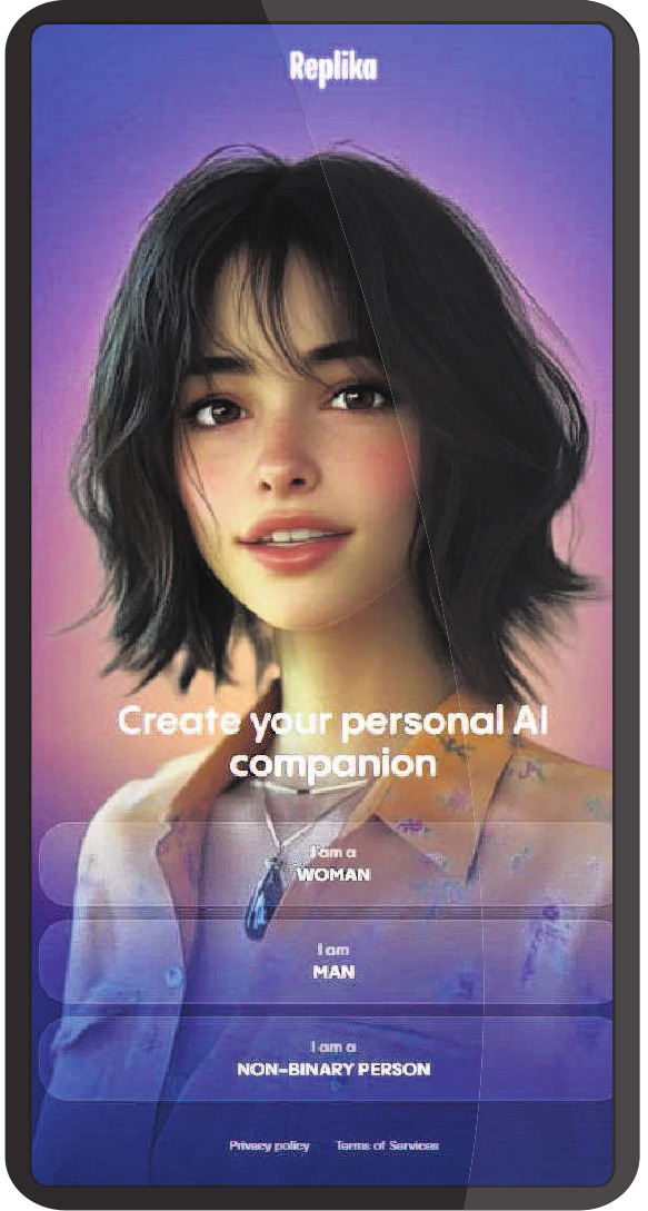 The AI companion app Replika.