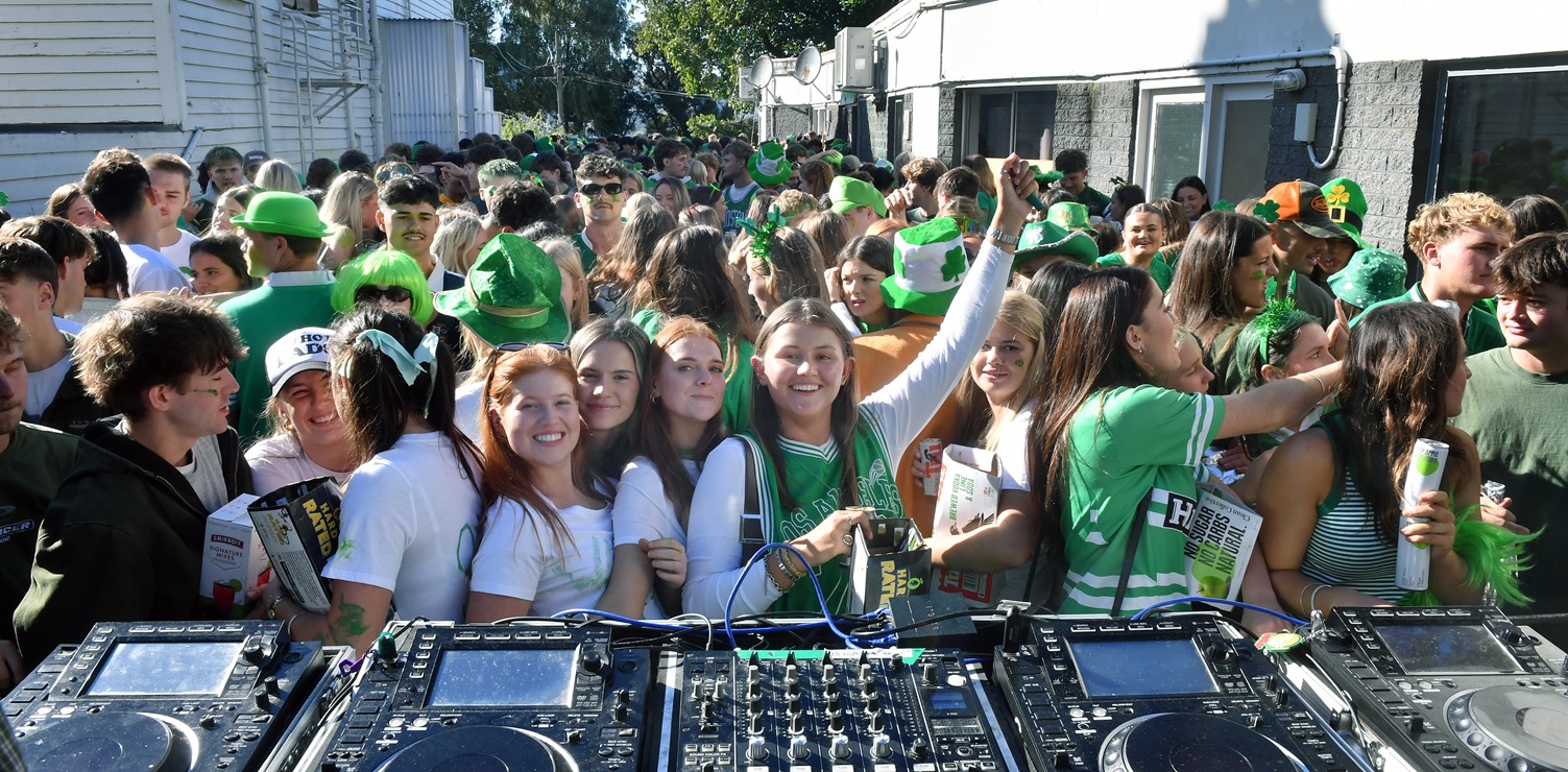 Students packed into the Bunker flat in Queen St yesterday to celebrate St Patrick’s Day. Photos:...