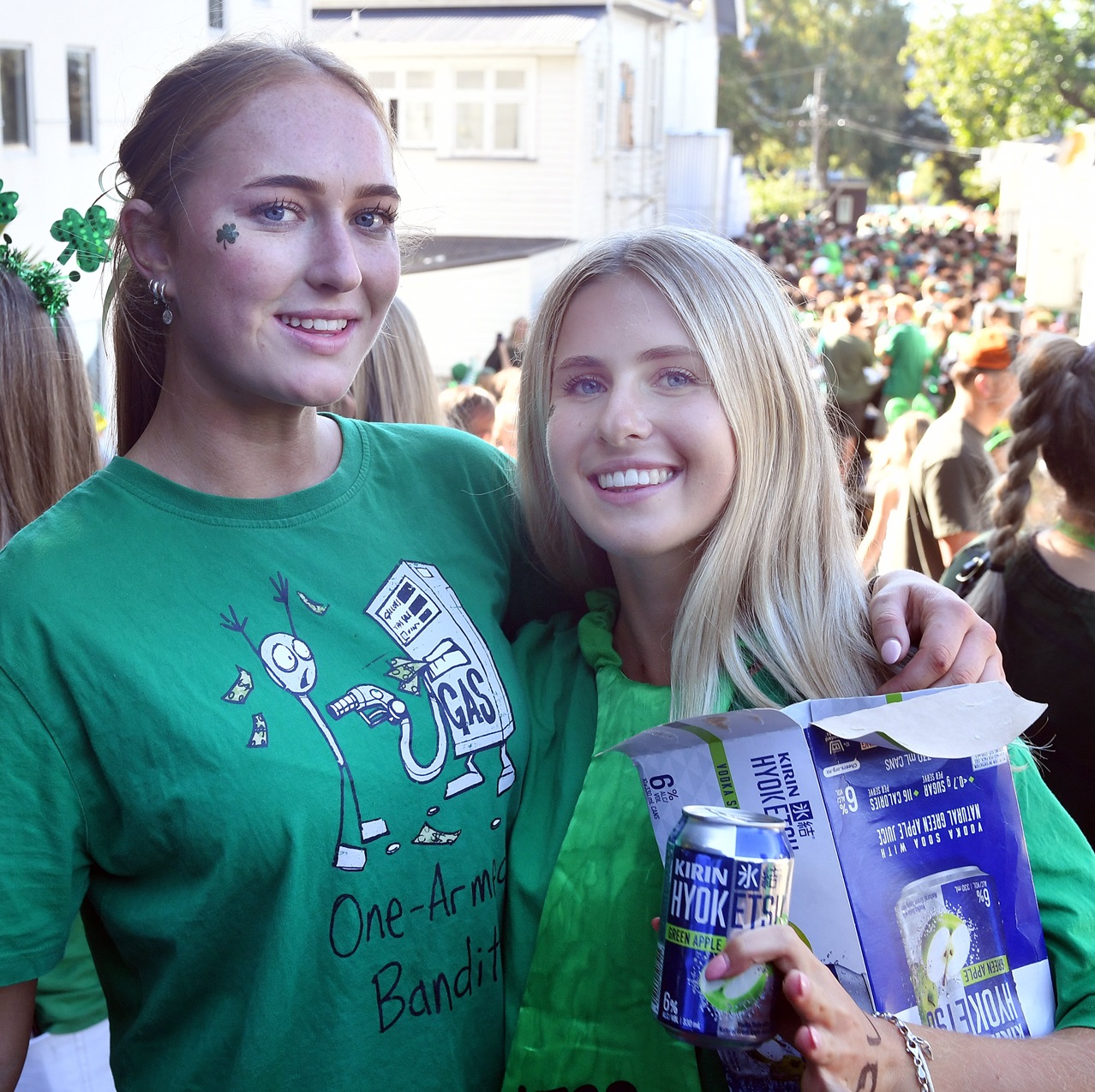Celebrating at the Bunker flat in Queen St yesterday are University of Canterbury students Lucy...