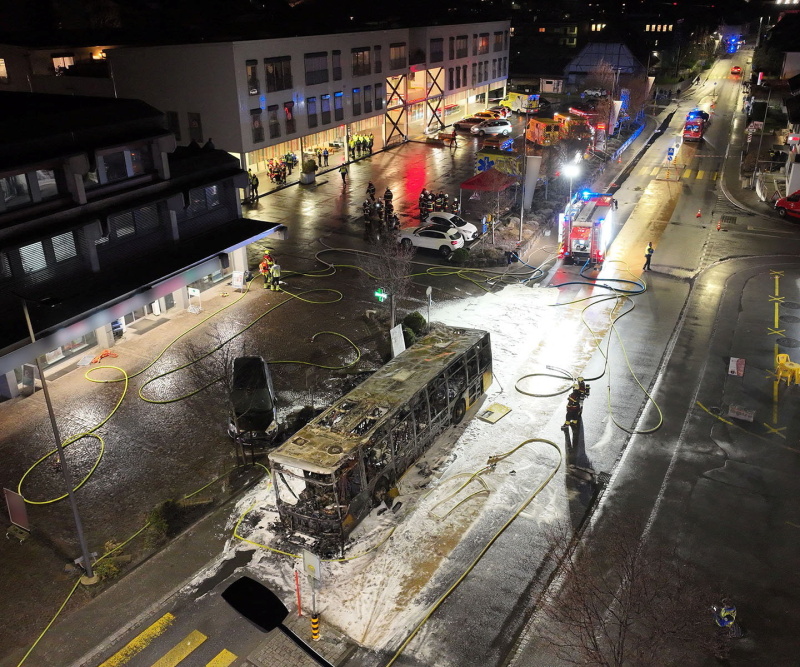 Emergency personnel work at the site of a deadly bus fire in Kerzers, Switzerland., Photo: Reuters
