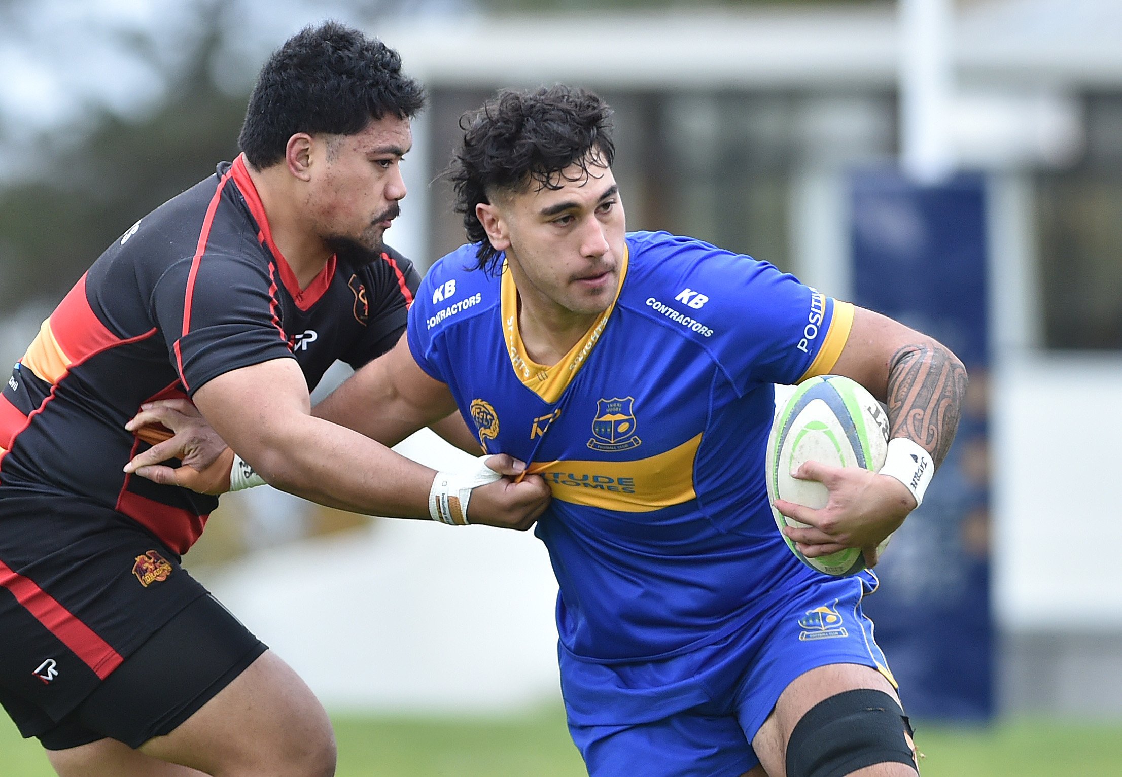 Zingari-Richmond prop Vika Tofa grabs Taieri lock Eric Peita during a division 1 game at...