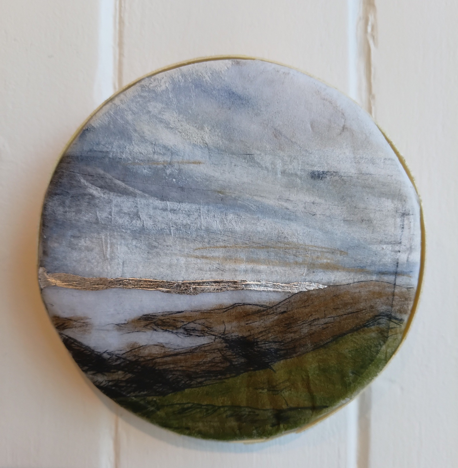 Horizon I (2026), by Inge Doesburg. Mixed media (with silver leaf, Bell’s teabag paper), on soft...