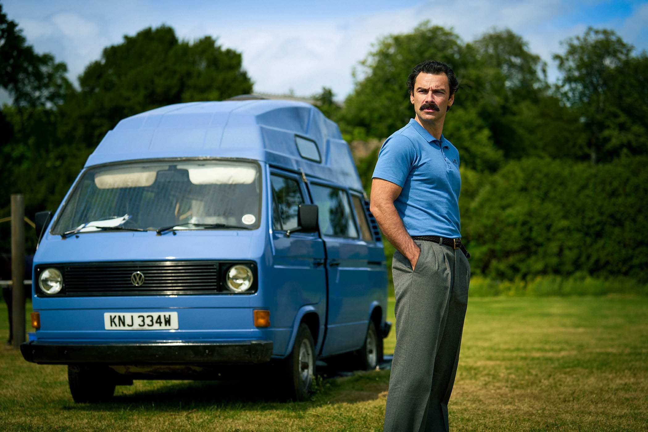 Aidan Turner as journalist Declan O’Hara in the Jilly Cooper adaptation Rivals.