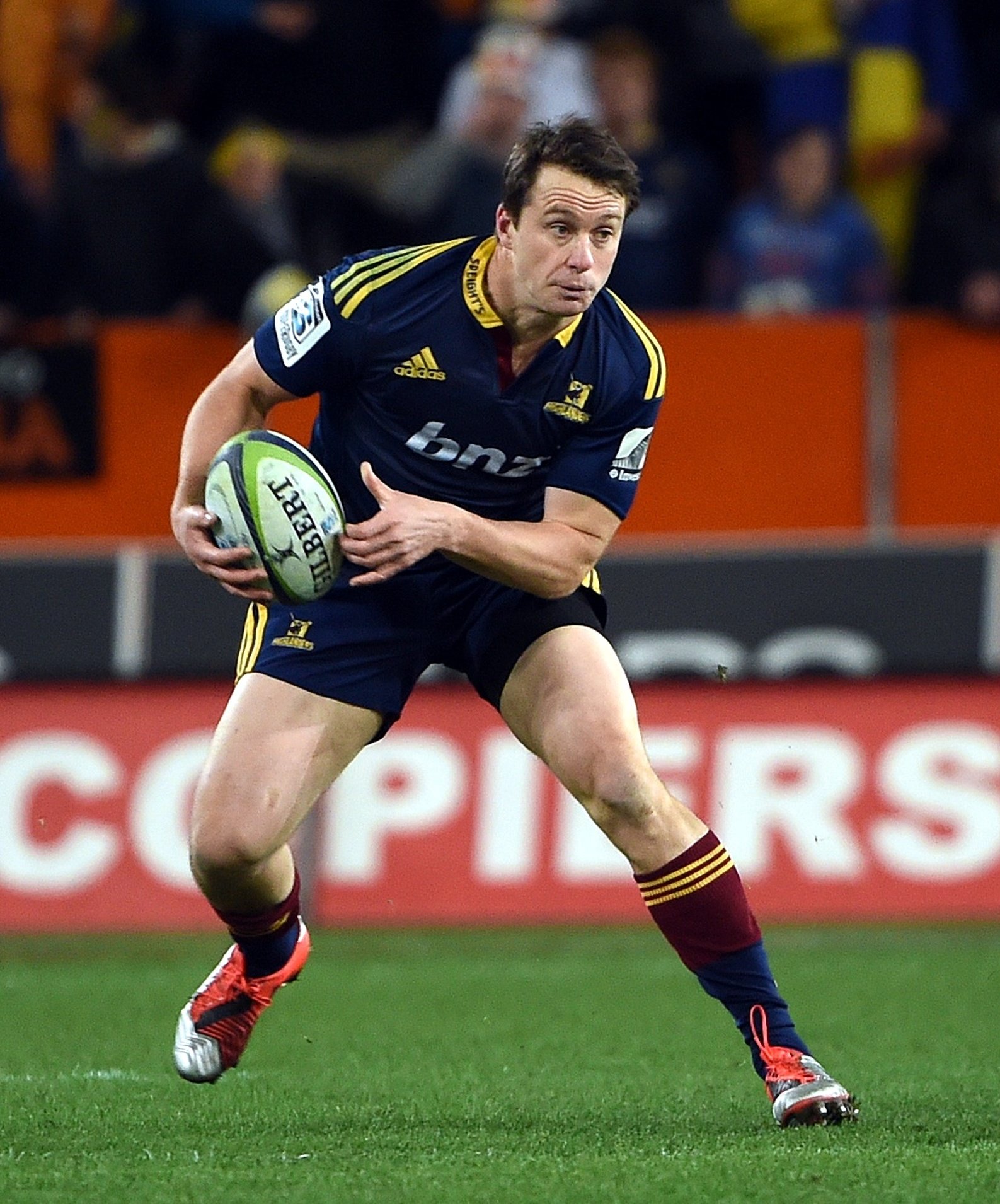 Highlander Ben Smith looks to dodge the Chiefs’ defence during a Super 15 match at Forsyth Barr...