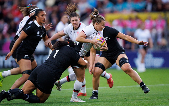 Black Ferns prop Chryss Viliko tackles Canada's Justine Pelletier during their Rugby World Cup...