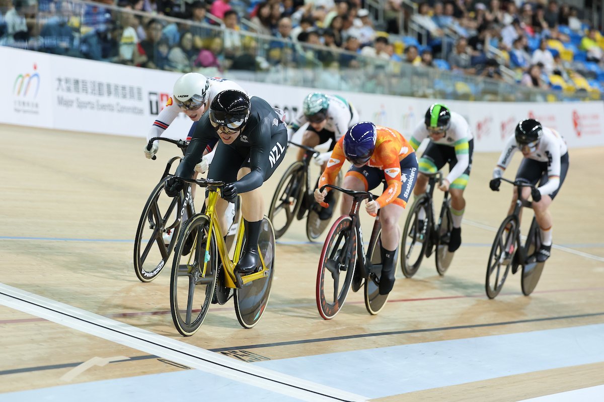 New Zealand cyclist Ellesse Andrews leads her keirin heat on the final day of the UCI track...
