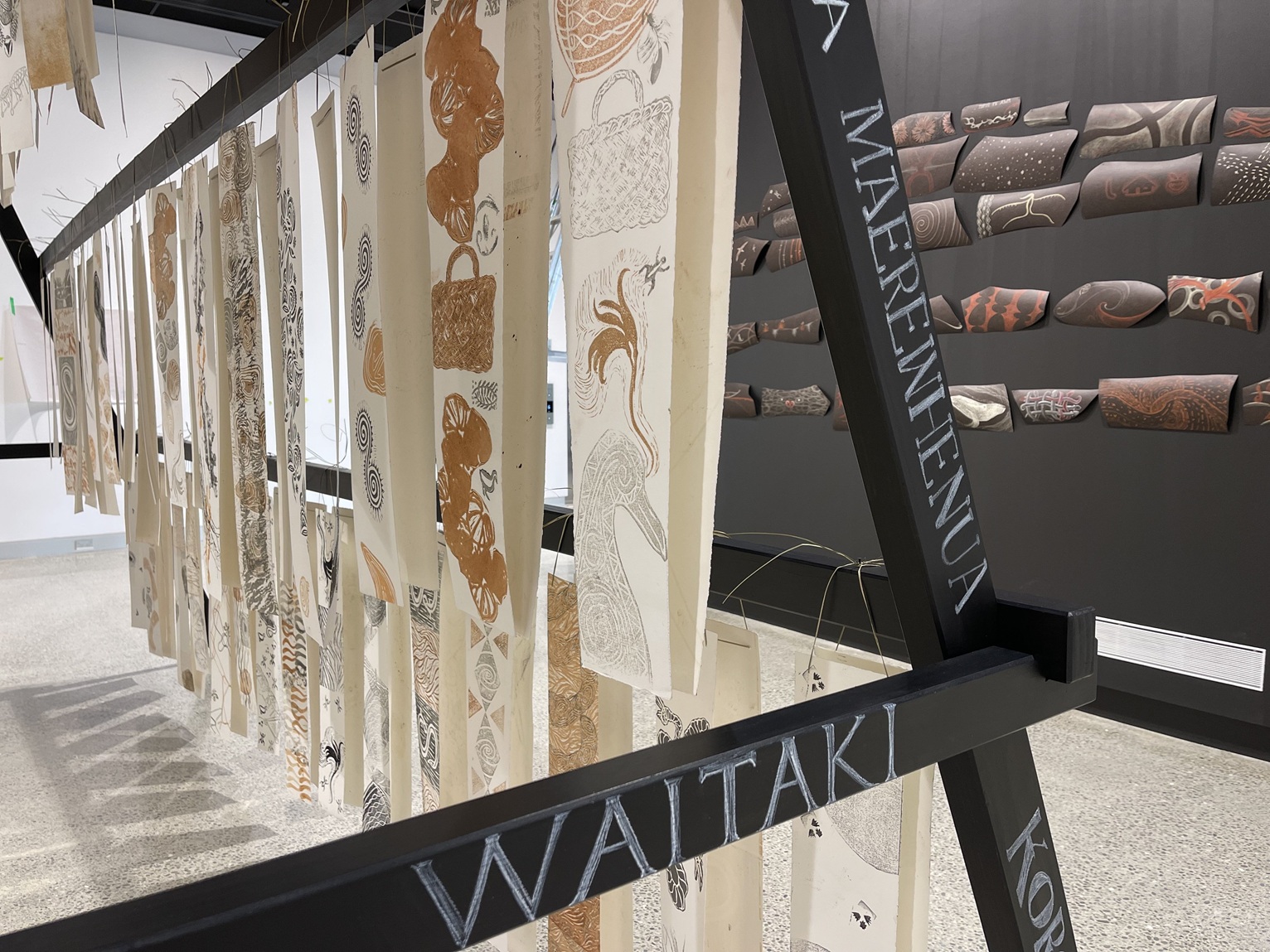 Paemanu, Tīrewa (installation detail) 2024. Timber, paper, pencil, ngārehu, kōkōwai, ink,...