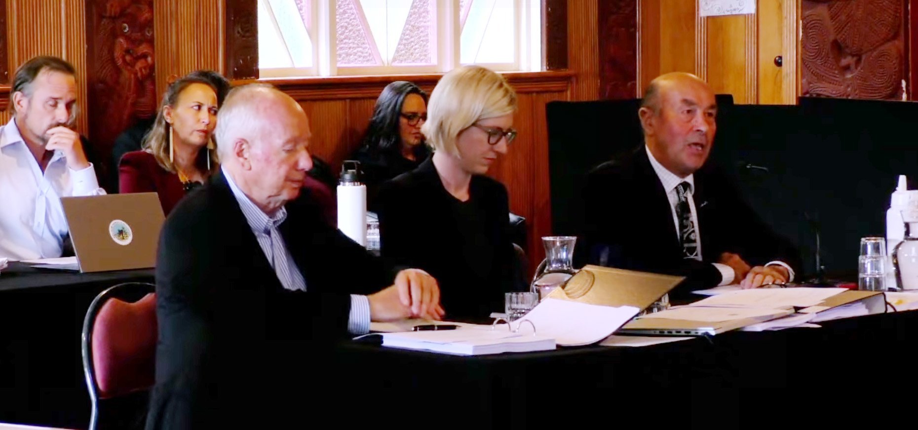 Ōtākou rūnaka upoko Edward Ellison (right) speaks during the opening day of the hearing into...