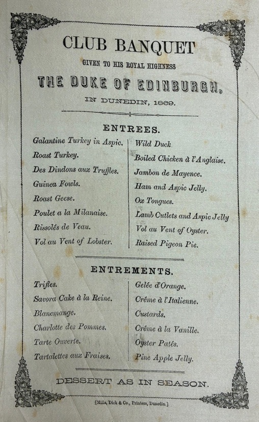 Silk programme for a banquet for the Duke in Dunedin. PHOTO: TOITŪ COLLECTION